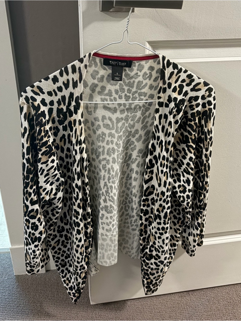 White House Black Market Black and White Leopard-Print Open Cardigan